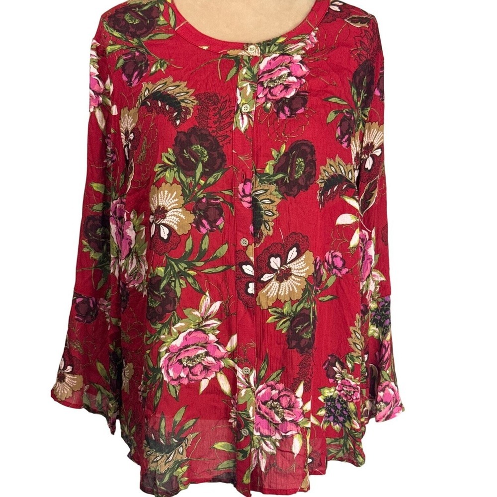 J. Jill‎ Womens XL Top Red Floral Semi Sheer Button Front Fall Office NWT